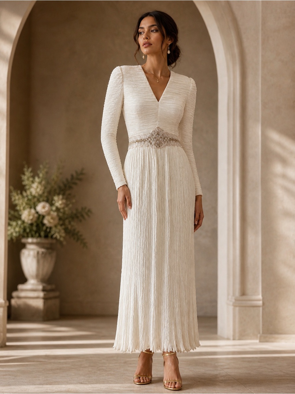 Mary McFadden Couture Ivory Long Sleeve V-Neck Pleated Midi Dress XS